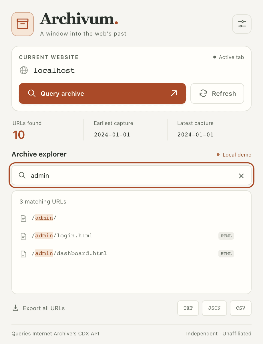 Archivum’s Local demo with three admin search matches and TXT, JSON, and CSV export buttons.